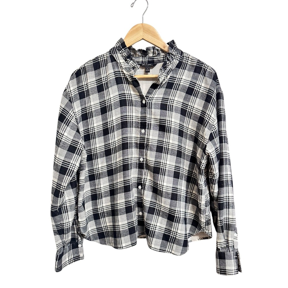 Banana Republic Ruffle Flan Snowcapped Plaid Cotton Shirt Black White‎ L